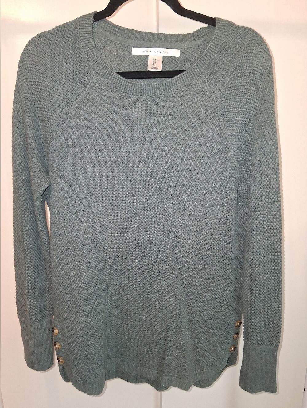 Women's Max Studio Long Heather Green Crewneck Sweater with Side Buttons Sz L